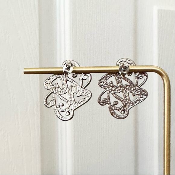 Silver Tone Turquoise Heart Scroll Red Accent Hanging Stud Earrings Southwestern - Picture 5 of 5